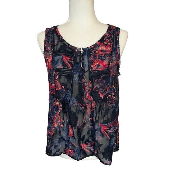 Lucky Brand Floral Semi Sheer Tank with Button Front. Sz Small. Great Condition - Picture 1 of 11